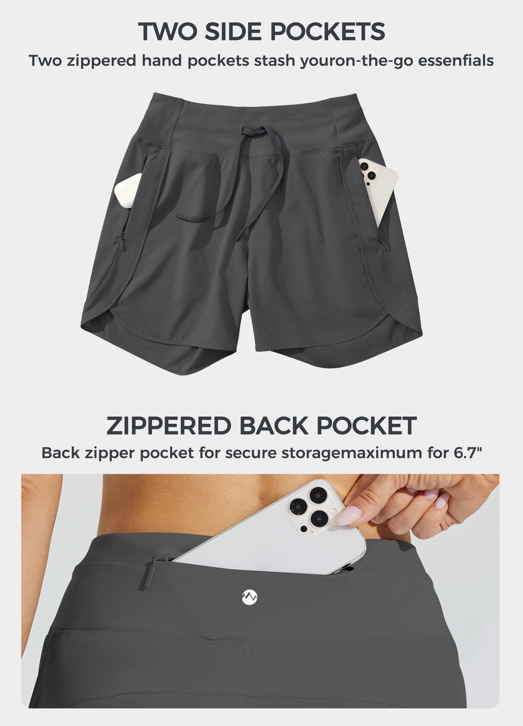 Willit Women's Athletic Running Shorts 5" Quick Dry Workout Hiking High Waisted Active Gym Exercise Zipper Pocket Dark Grey L