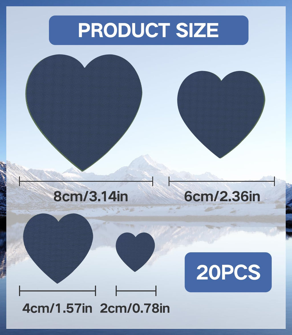 20Pcs Down Jacket Repair Patches Dark Blue Waterproof Self Adhesive Pre-Cut Nylon Repair Patches Kit for Jackets Coats Clothing Tents Sleeping Bags, Heart