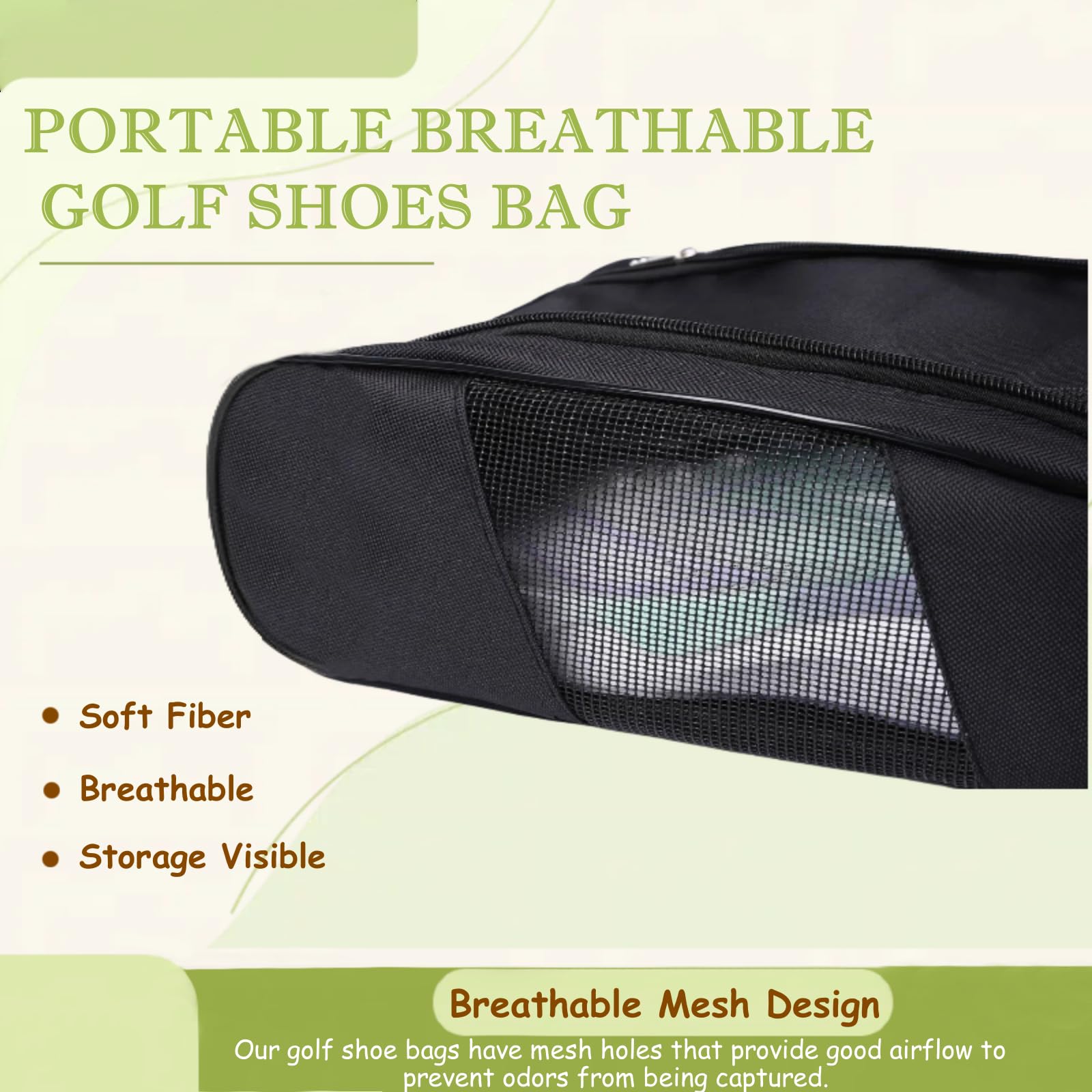 Suaetiai Golf Shoe Bag for Men Women, Mesh Shoe Bags for Travel, Water Proof Ventilation Golf Shoes Bag, Outdoor Shoe Carrier with Zippered and Handle (Black/Black-2PCS)