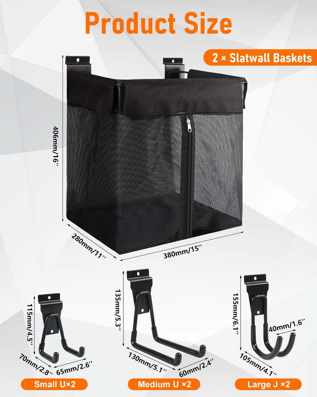 Skiennix Slatwall Basket Set - 2PCS Zippered Mesh Baskets with 6 Heavy-Duty Hooks | 16x15x11 Inch Garage Storage Solution
