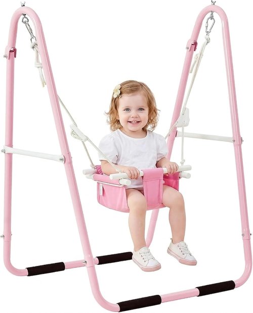 FUNLIO U-Shape Toddler Swing Set - Heavy Duty Metal Frame, Easy to Assemble, Portable & Foldable - Pink, 6-36 Months