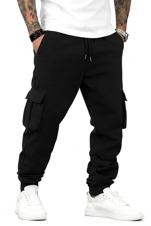 Drantren Cargo Sweatpants for Men Cotton Casual Joggers Stretch Drawstring Baggy Sweatpants with Pockets Jogging Pants Black