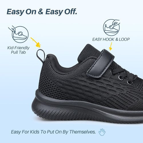Boys Girls Sneakers Non-Slip Lightweight Running Shoes for Kids Breathable Tennis Shoes All Black Little Kid Size 2