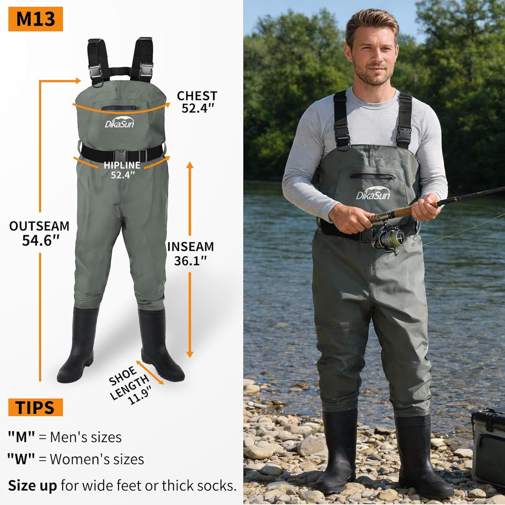 Skiennix Waterproof Fishing Waders - Durable 2-Ply Nylon/PVC Chest Waders with Boots | Sizes 4-13
