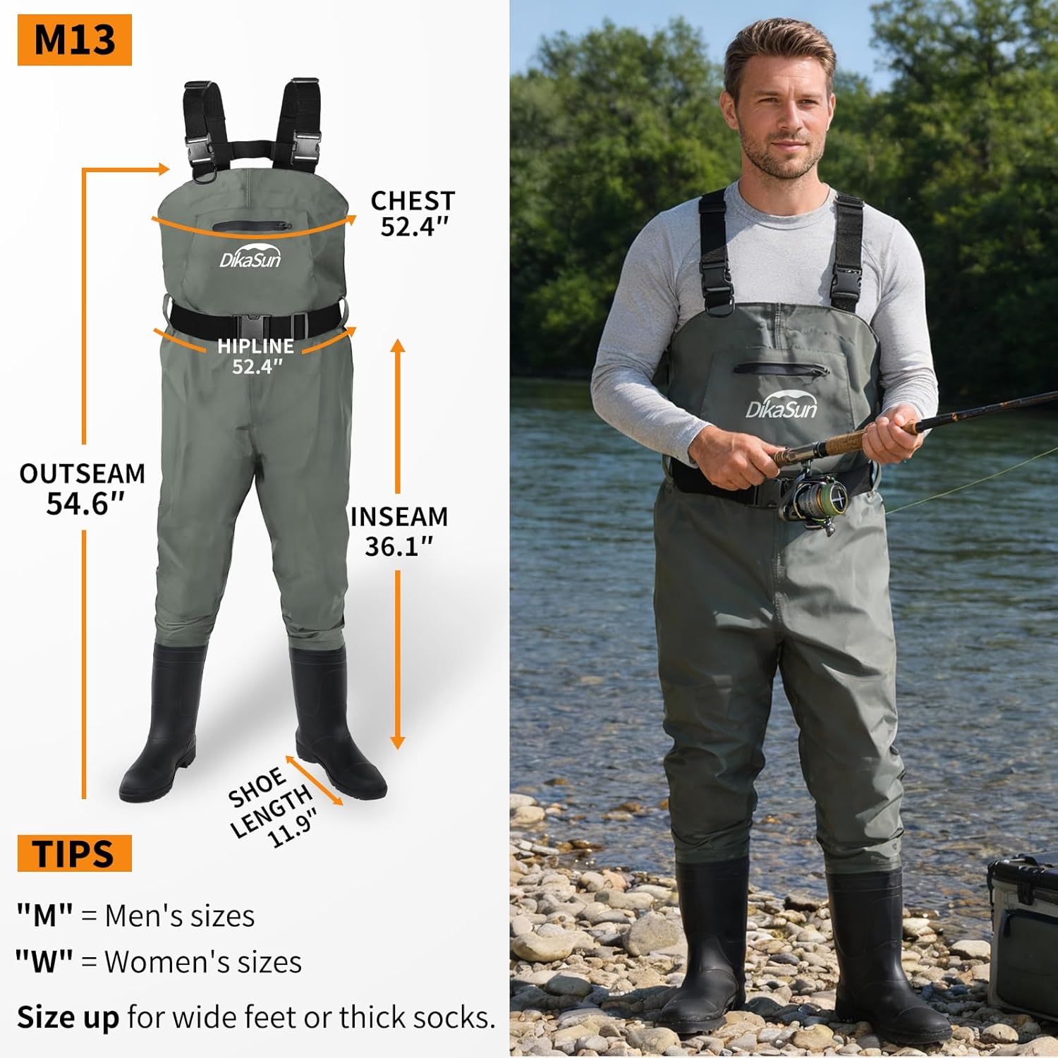 Skiennix Waterproof Fishing Waders - Durable 2-Ply Nylon/PVC Chest Waders with Boots | Sizes 4-13