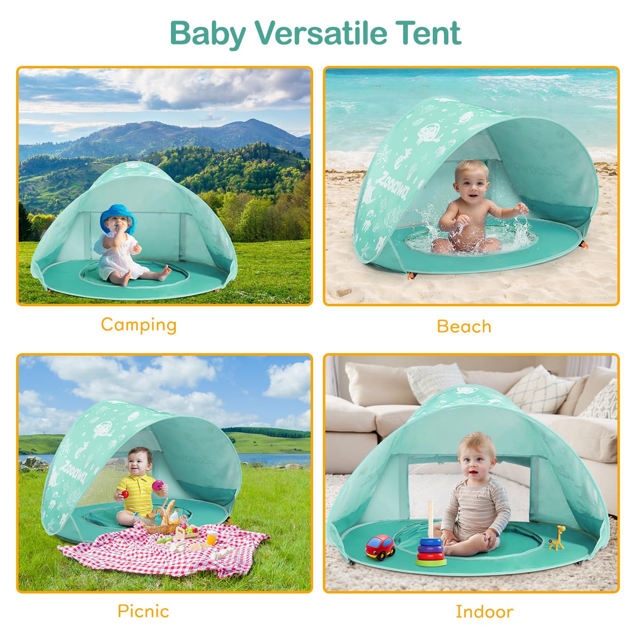 Zooawa Baby Beach Tent, Pop Up Beach Tent Sun Shade for Beach, Portable Shade Pool UV Protection Sun Shelter for Infant with Beach Sand Toys Set, Yellow