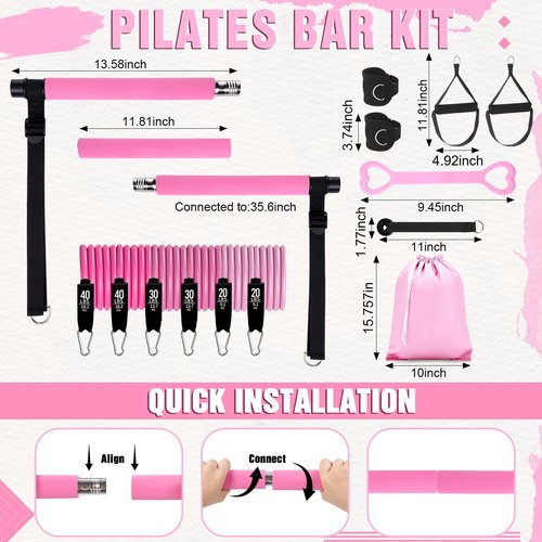 LaRandom Pilates Bar Kit with Resistance Bands Multifunctional Pilates Bar with Metal Adjustment Buckle Portable Storage Bag Yoga Essentials Kit Exercise Equipment for Home Women Gym Workout(Pink)