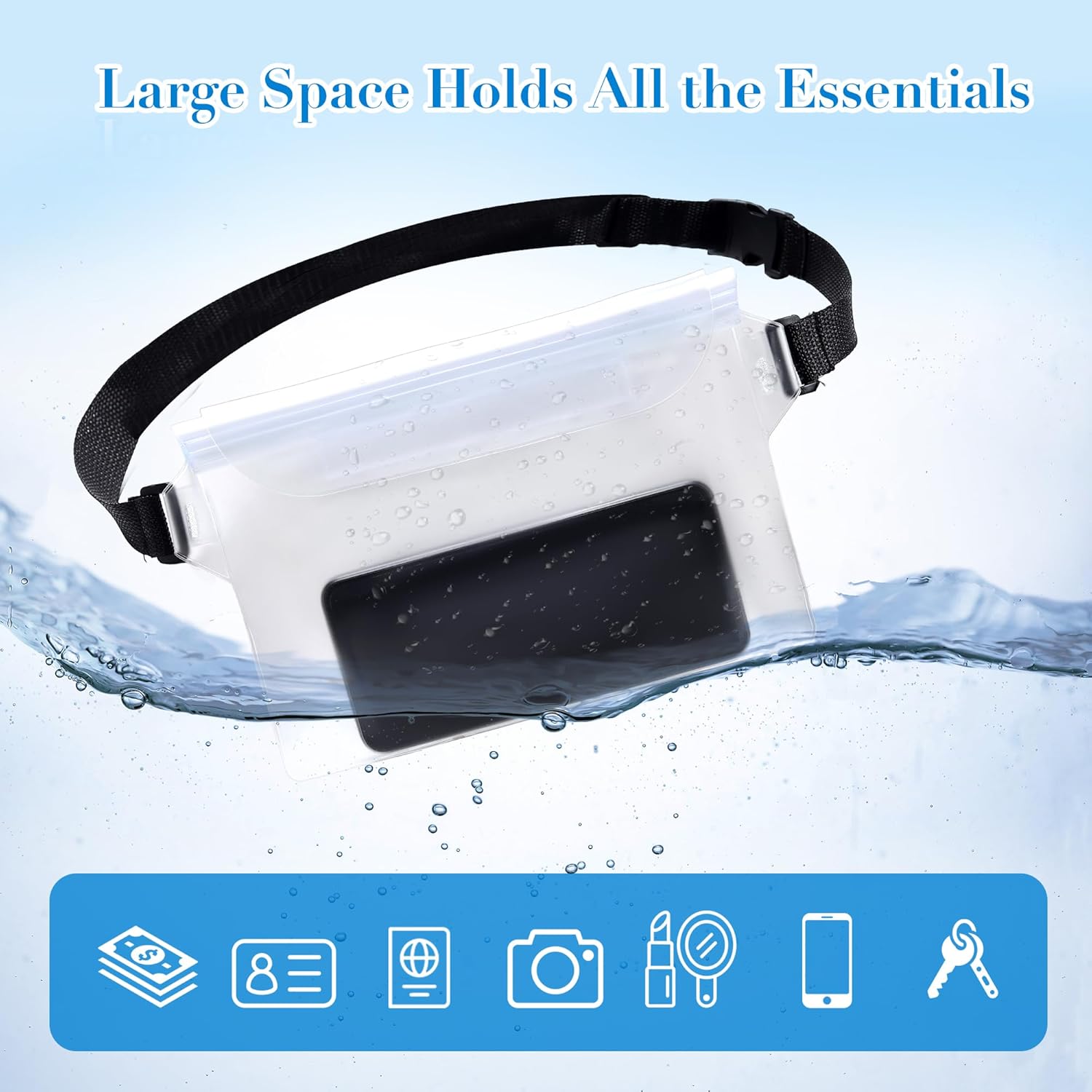 Skiennix Waterproof Fanny Pack - 4 Pack with Waist Strap & Phone Pouch for Kayaking, Beach, Travel | Black & White