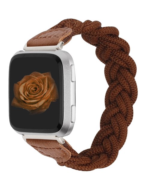 Wearlizer Compatible with Fitbit Versa Bands, Elastic Braided Wristband Strap for Women (Brown, S)