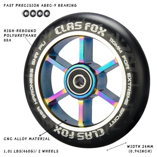 CLAS FOX 110mm One Pair Pro Stunt Scooter Wheels with ABEC-9 Bearings CNC Metal Core (2pcs) (Black PU Rainbow Core)