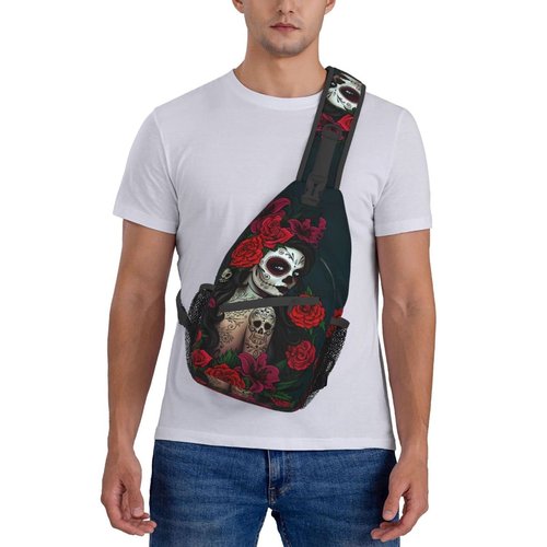KMIVQGE Sugar Skull Rose Crossbody Backpack for Travel Hiking Chest Daypack Shoulder Sling Bag for Men Women Cycling Walking