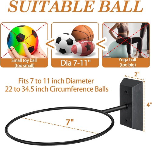 Basketball Holder Wall Mount - 7 Inch Solid Wood Base with Metal Ring | Sports Storage & Display Rack