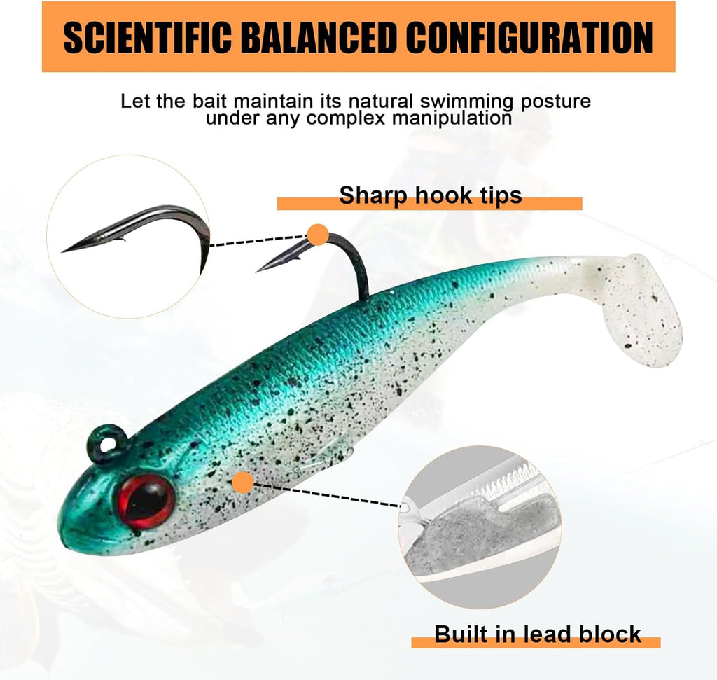 Skiennix 5Pcs Pre-Rigged Soft Lures - Paddle Tail Sinking Swimbaits for Bass & Trout | 3.35in/0.43oz