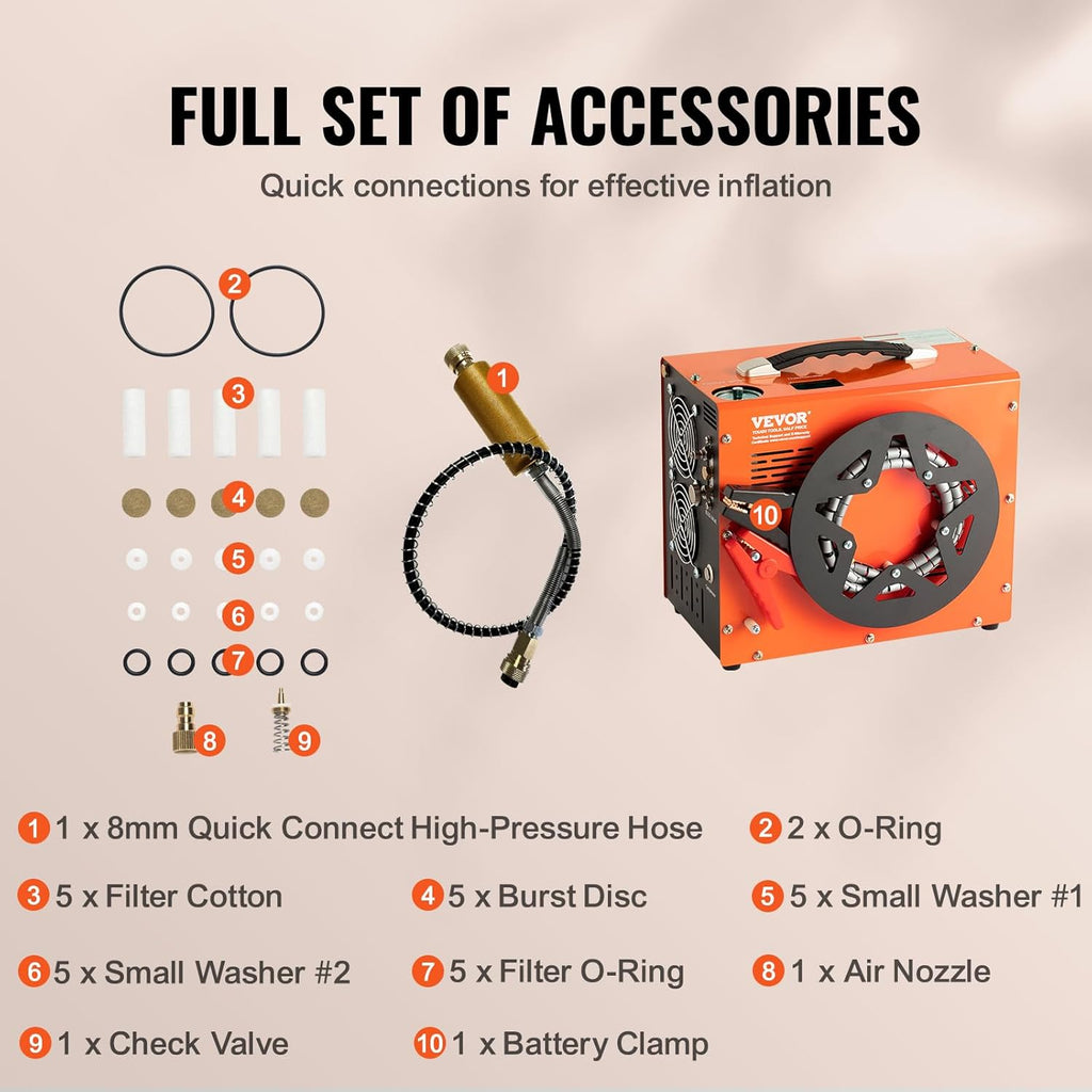 VEVOR PCP Air Compressor - 4500PSI Portable Airgun Compressor with Auto-Stop | Oil & Water-Free, DC12V/AC120V