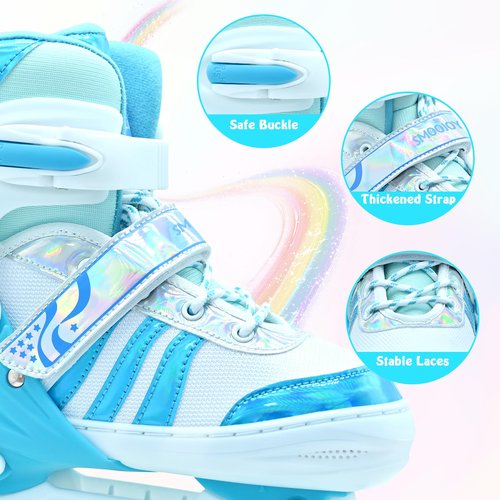 SMOOJOY Roller Skates for Girls Kids Boys,4 Size Adjustable Indoor Outdoor Blue Quad Rollerskates with Light up Wheels for Beginners Ages 6-12