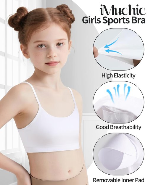 iMuchic Girls Sports Bra Spaghetti Strap Y Back Racerback Training Bra for Girls with Removable Padding White