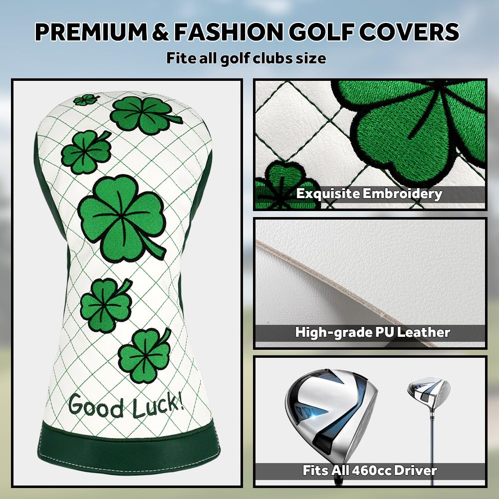 PINMEI Golf Club Head Covers for Driver Headcover Embroidered Four-Leaf Clover Design Synthetic Lether Fit Most Drivers Fit for Titleist Callaway Ping Taylormade Cobra (White Good Luck Driver)