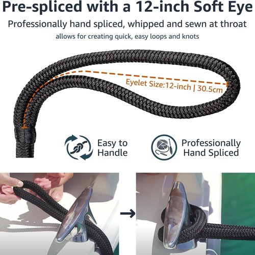 Marine Grade Dock Lines by [Brand Name] - 1/2" x 30' Double Braided Nylon Boat Rope - High Strength, Fray Resistant, Easy Handling - Black (2 Pack)