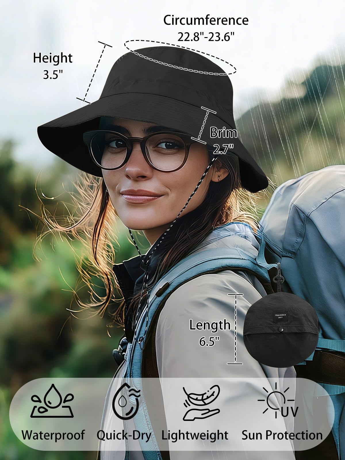 BAIKEA Splash-Proof Packable Bucket Hat for Men Women Lightweight Foldable Fishing Hiking Sun Hat with Adjustable Chin Strap Outdoor Rain Travel Cap One Size Black