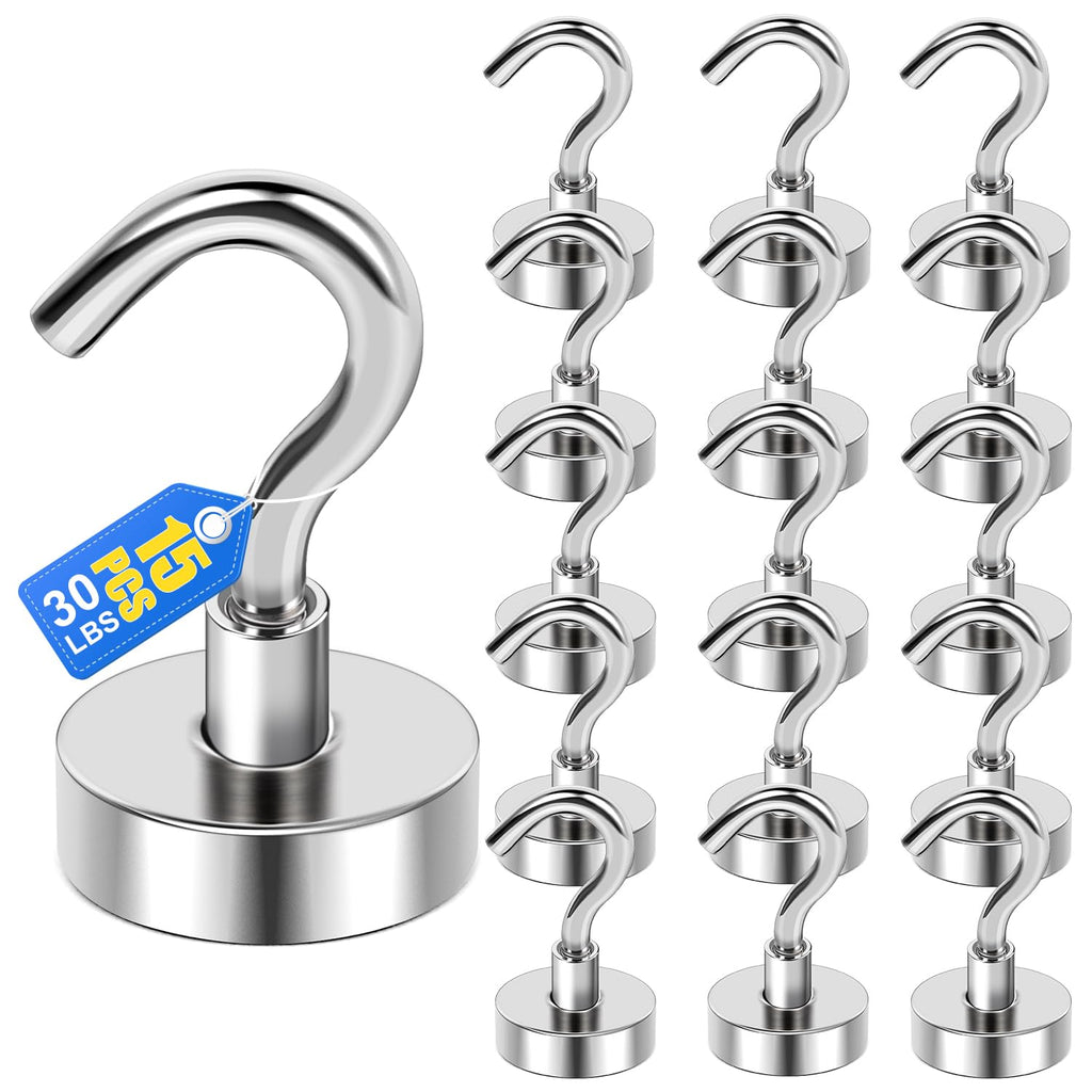 LOVIMAG Magnetic Hooks for Hanging, 30lbs Magnet Hooks for Cruise Ship Essentials, Strong Magnets for Classroom, Rare Earth Magnets with Hooks for Cruise Must Haves, Camper, Locker,Ceiling-15 Pcs