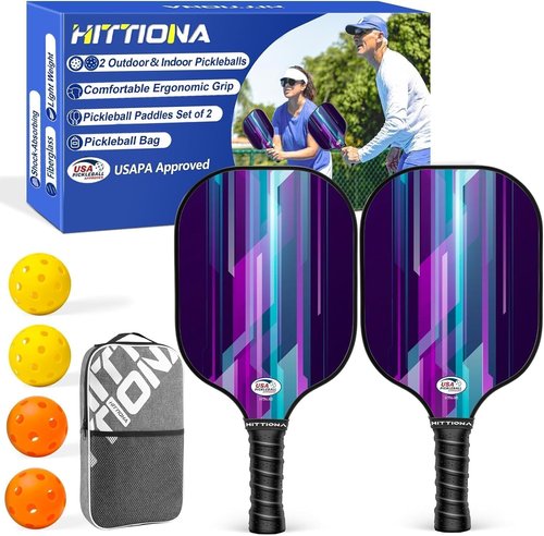 HITTIONA Pickleball Paddles - Fiberglass Pickleball Paddles Set of 2, USAPA Approved Pickle Ball Rackets 2 Pack with 4 Pickleball Balls, 1 Pickleball Net Bag, Paddles Ball Set for Beginners