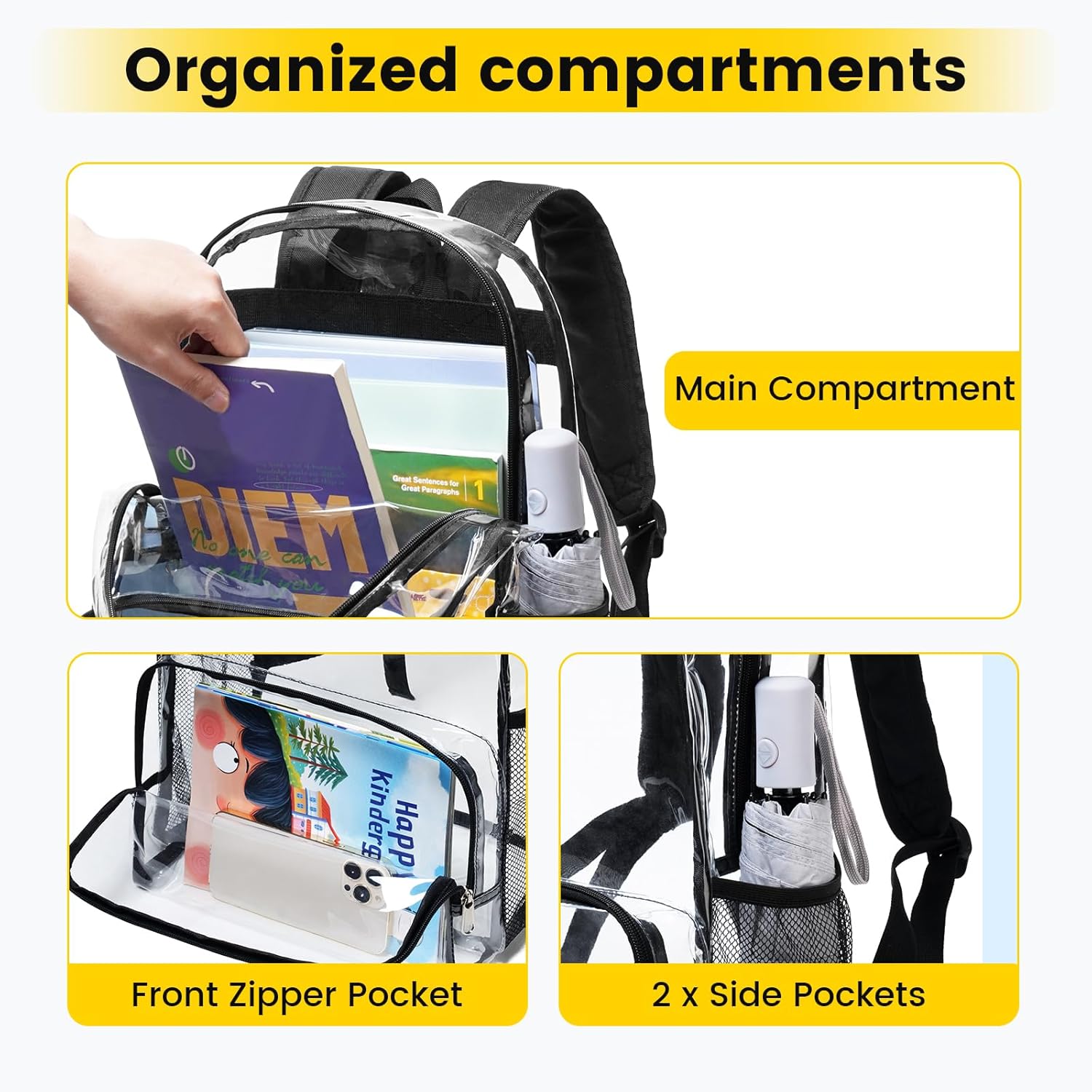 Vorspack Clear Backpack - Heavy Duty Large See-Through Bookbag for School & Work | Black