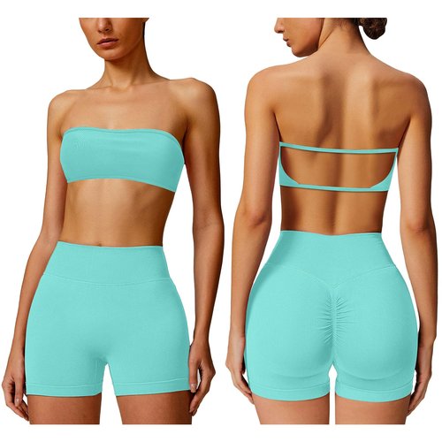 ABOCIW Womens Seamless Workout Sets Backless Bandeau Sports Bra Butt Lifting High Waist Gym Shorts Yoga Athletic Set Mint Green Large