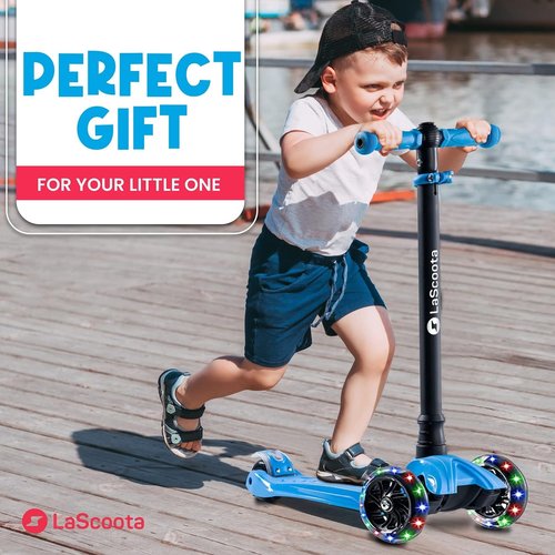 Lascoota 3-Wheel Kids Scooter - Removable Seat, Adjustable Handlebar, Light-Up Wheels & Lean-to-Steer for Toddler Scooter - Blue, Aluminum, Large