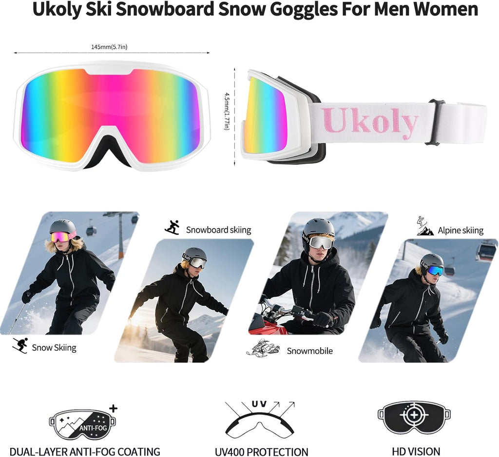 Ukoly Ski & Snowboard Goggles - HD Anti-Fog Lens, OTG Design, UV400 Protection | Men & Women