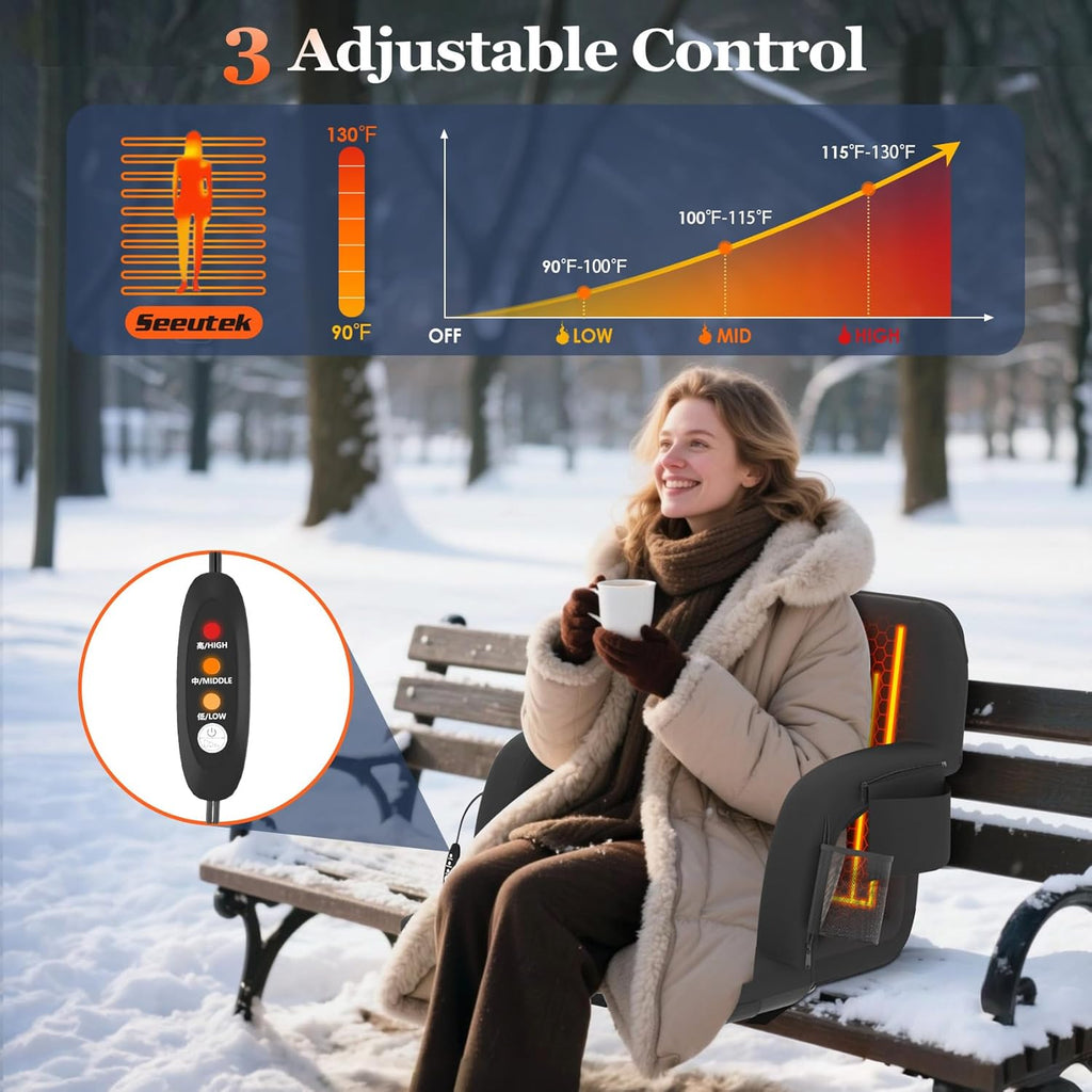 Seeutek Heated Stadium Seats - Portable Bleacher Chairs with Back Support & USB Heating | 21in, 5 Pockets