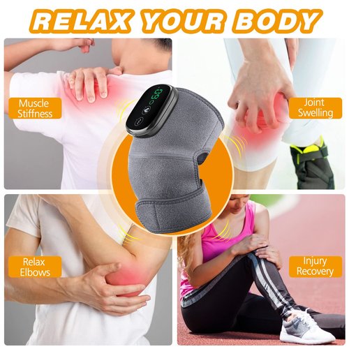 Cordless Knee Massager with Heat Vibration, Knee Heating Pad, Electric Heated Knee Brace Shoulder Heating Pads Elbow Wrap with 3 Heat Levels and Massage Modes