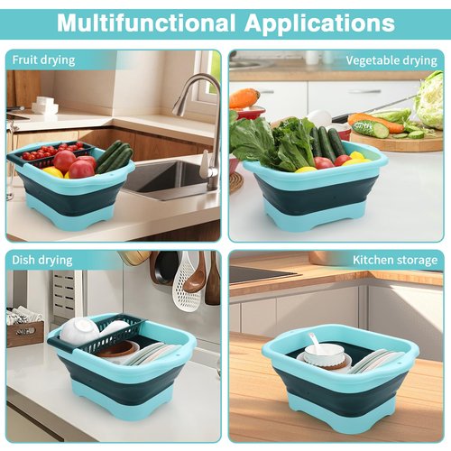 Collapsible Dish Basin with Drain Plug and Portable Sink, 11L(2.91 Gallon) collapsible Bucket with Sink, FoldableWash Basin for Station Campin/Camping/Rv/Kitchen (Green)