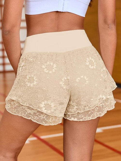 Fisoew High Waisted Flow Shorts - 2 in 1 Athletic Gym Shorts with Pockets for Women | Lace Design