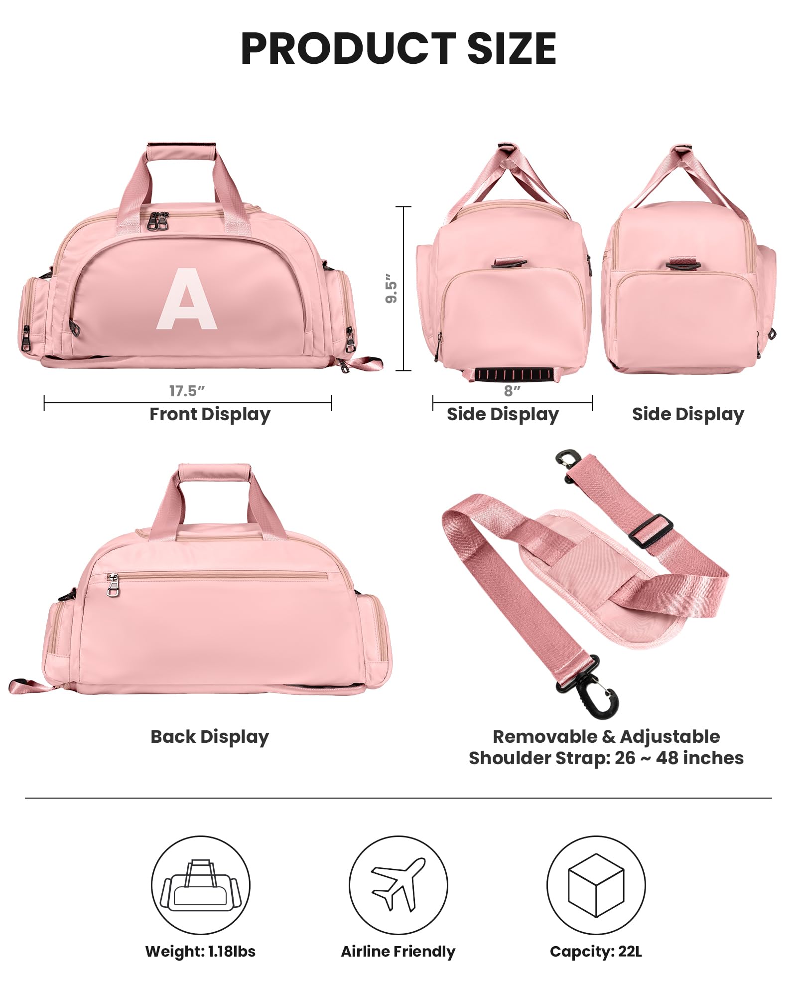 Vogewood Teen Girl Birthday Gift-Gifts for Teenage Girls, Initial Gym Bags with Shoe Compartment, Dance Bag for Girls, Kid Overnight Duffle Bags for Sport Gymnastics Cheer Travel Weekender (Letter K)