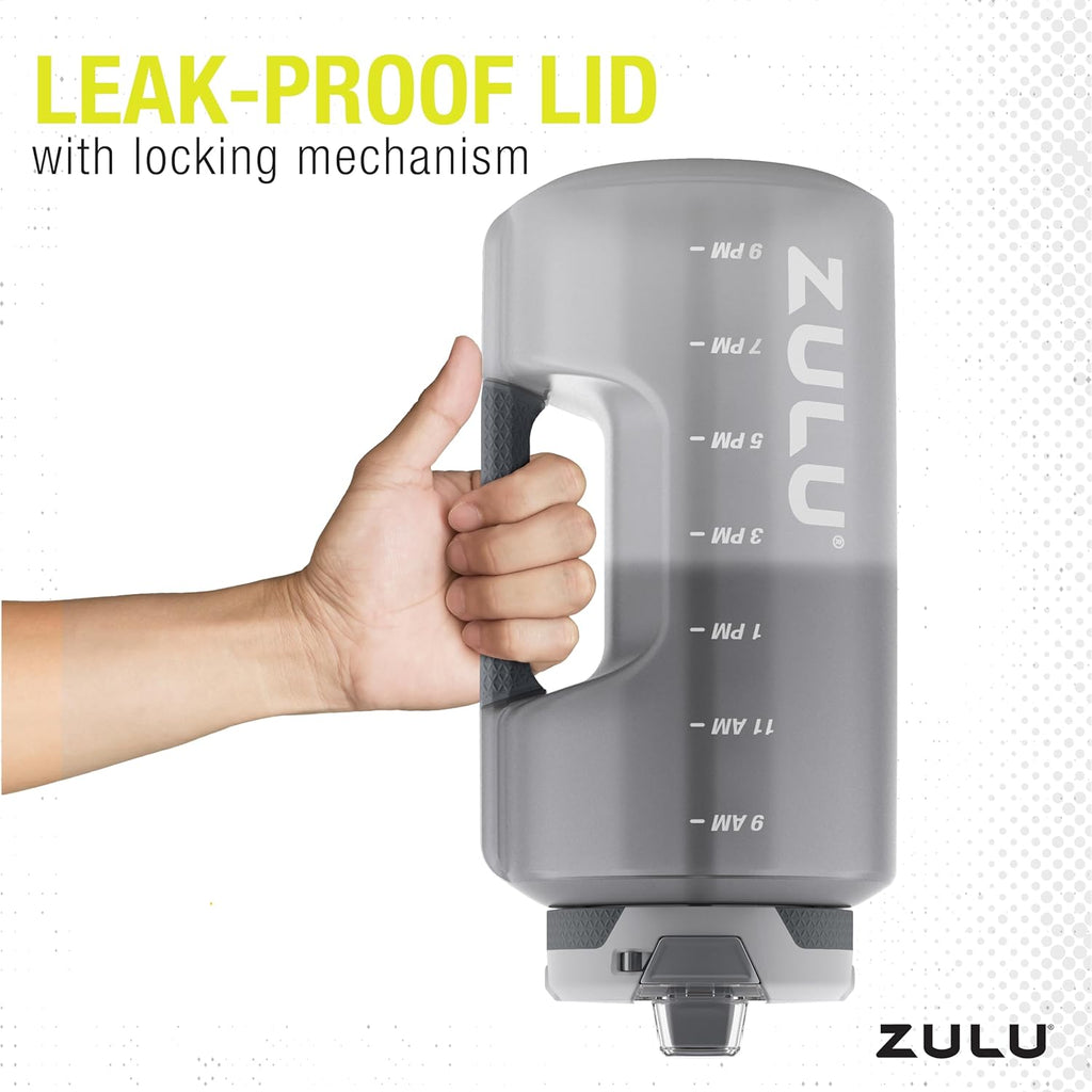 ZULU Goals 128oz Half Gallon Water Bottle - Leak Proof, Time Marker, & Handle | Grey Reusable Jug for Gym & Outdoors