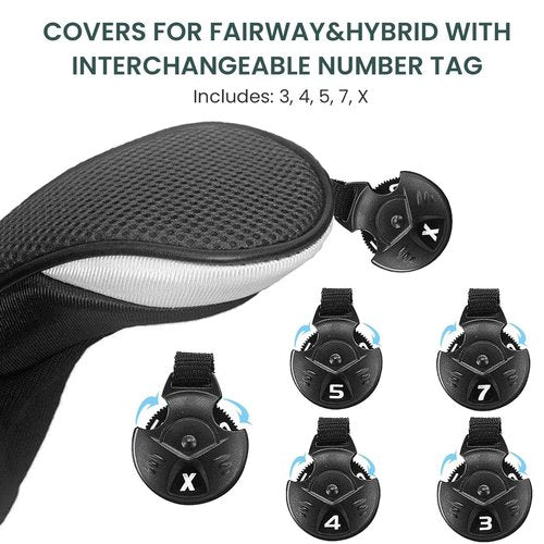 FINGER TEN Golf Club Head Covers Woods Hybrids 1/2/3/4 Pack, Headcovers Men Women 3 5 7 X with Interchangeable Number Tag, Fit All Wood Hybrid Clubs (2 Pack-Black Hybrid Cover)