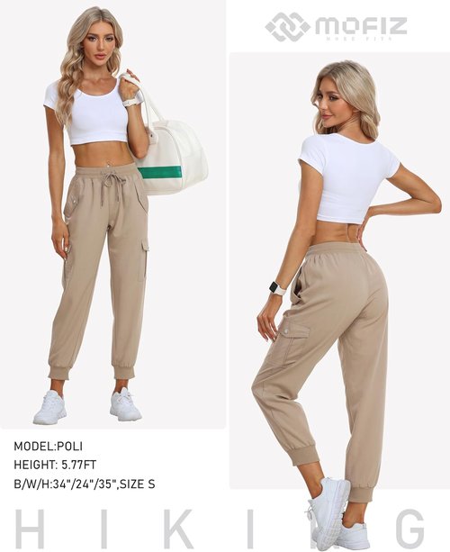 MoFiz Women's Cargo Pants - Lightweight Athletic Joggers for Hiking & Travel | Elastic Waist with Pockets
