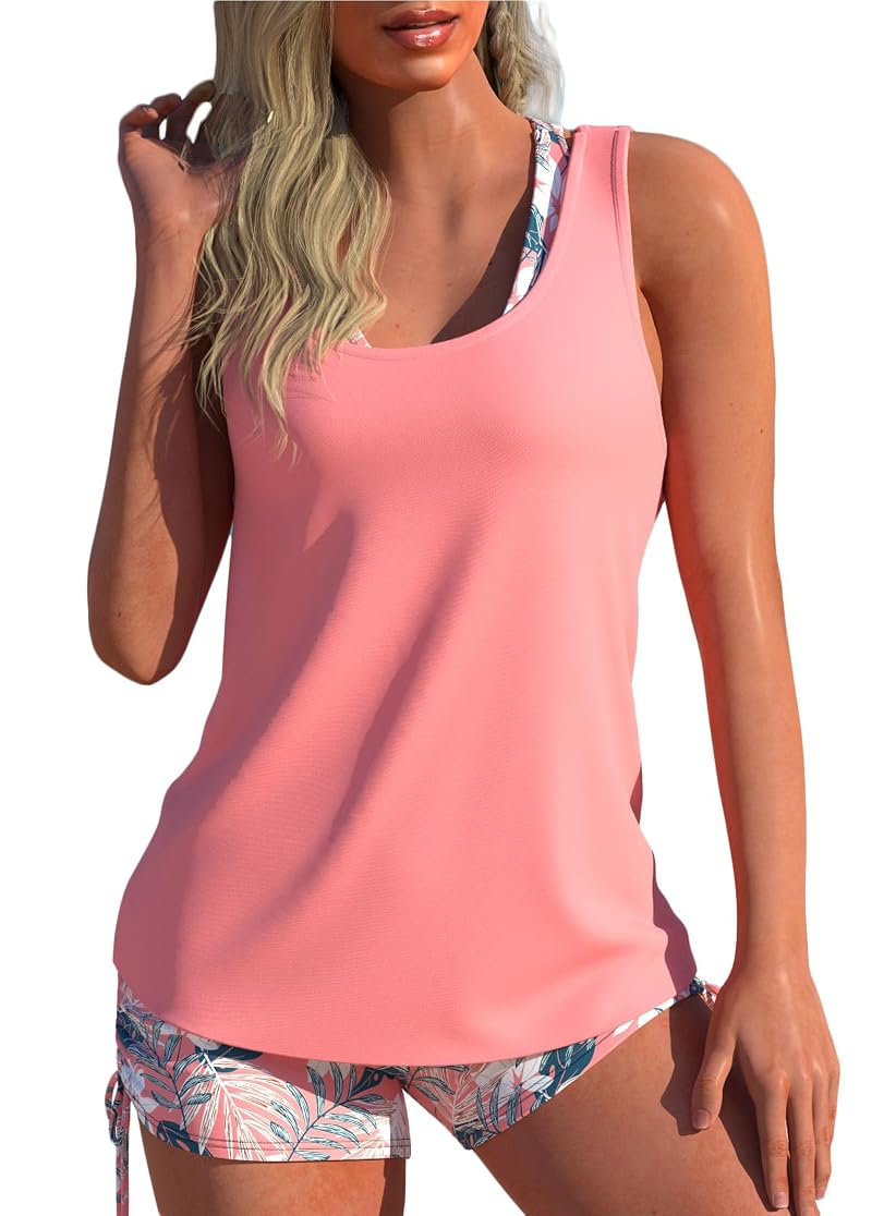 Tankini Swimsuit Set for Women with Board Shorts - Peach Pink Large