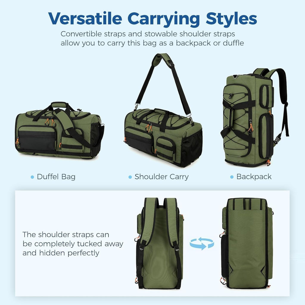 Searock 45L Gym Bag - Versatile 3-In-1 Duffle Backpack for Travel & Sports | Green with Shoe Compartment & Wet Pocket