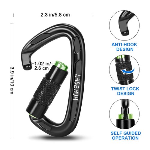 Lasehuh UIAA Certified 25KN Auto Locking Climbing Carabiner Clips, D Shaped, Twist Lock, and Heavy Duty Carabiners for Rock Climbing, Rappelling,3.93 Inch, Large Size. (Black Green-2PCS)