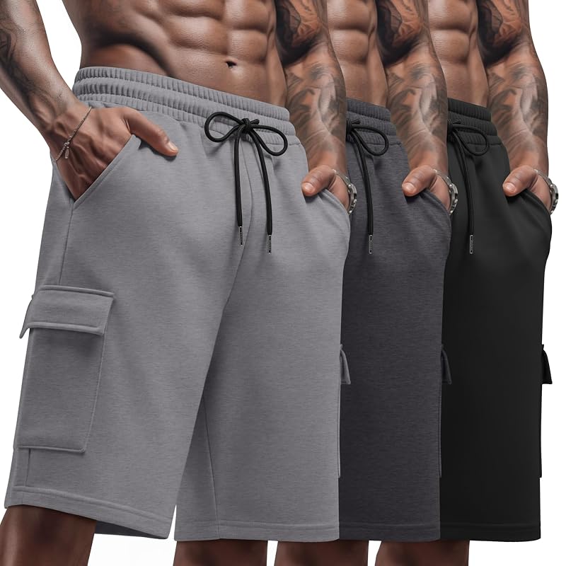 Men's 3 Pack Cargo Shorts – Athletic Sweatshorts with Pockets, Drawstring Waistband, Lightweight 95% Polyester 5% Spandex – Black, Light Gray, Dark Gray (XL) Variation