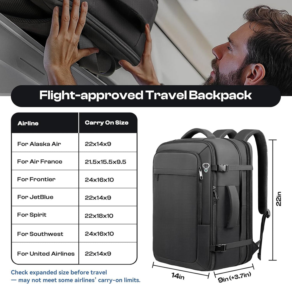 Skiennix Extra Large 55L Carry-On Backpack - TSA Approved, Expandable & Water Resistant for 18.4" Laptops | Black