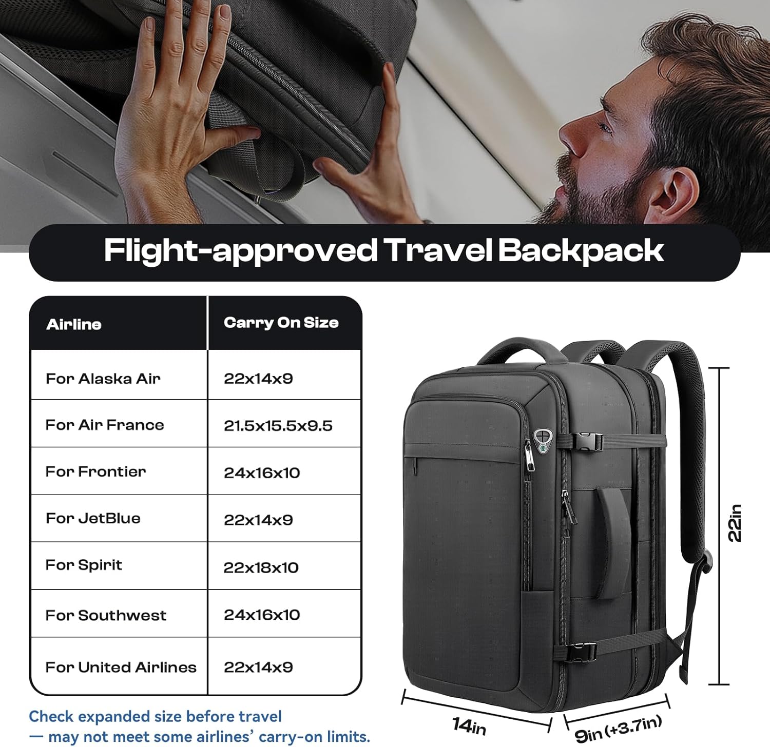 Skiennix Extra Large 55L Carry-On Backpack - TSA Approved, Expandable & Water Resistant for 18.4" Laptops | Black