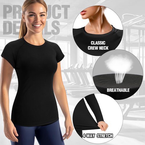 Coume 4 Pack Women's Compression Shirts Short Sleeve Workout Tops Running Athletic Yoga T-Shirt for Gym Sports Gear Quick Dry(Black Gray Blue White,S)
