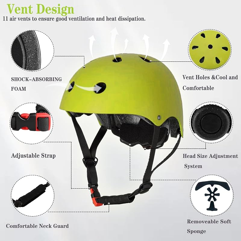 Kids Adjustable Helmet with Knee Elbow Pads & Wrist Guards - Green, Medium (20.47"-22.83" head) for Ages 8-14 - FOOKCIAN