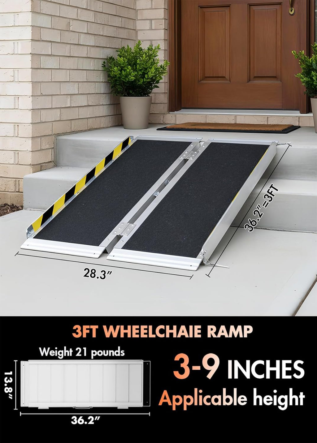 Portable Wheelchair Ramp - 3FT Non-Slip Folding Aluminum Ramp for Home | Supports Up to 800lbs