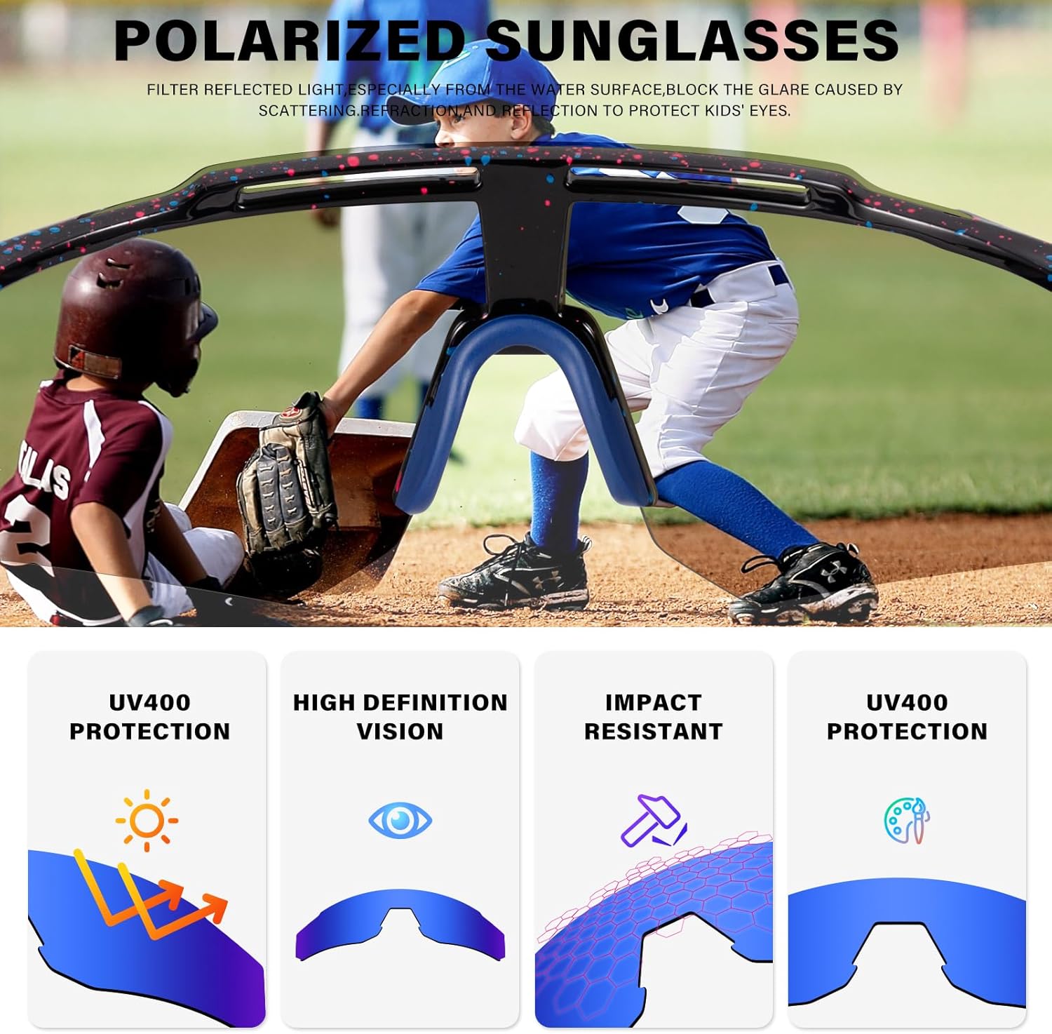 Skiennix Kids Sunglasses - Polarized UV400 Protection for Youth Baseball & Softball | 4-Pack