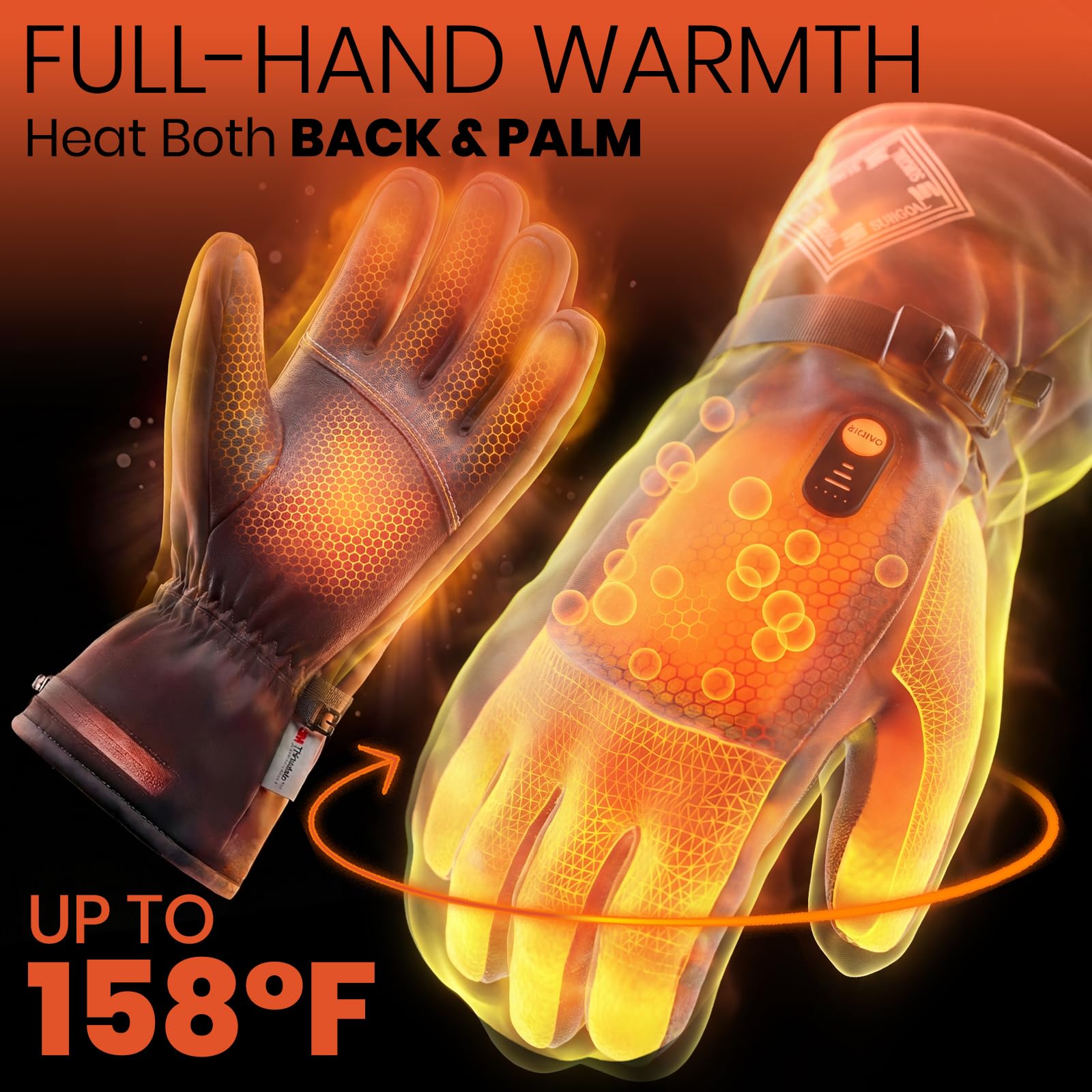SURGOAL Leather Heated Gloves for Men, 158°F Heating & 8H Battery Life, 7.4V Rechargeable Heated Gloves for Women, Waterproof & Touchscreen Ideal for Winter, Hunting, Motorcycle (PU-Black, L)