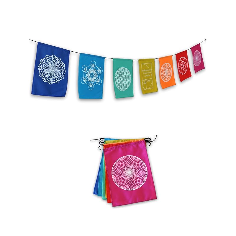 Sacred Geometry Rainbow Prayer Flags Set | Handprinted 9x12 In Indonesia