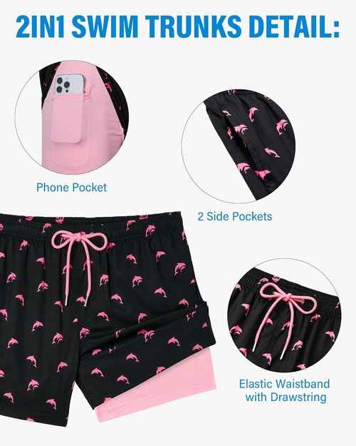 Gleeease Men's Swim Trunks - 5-Inch Quick Dry Compression Liner with Pockets | Fun Beach Design